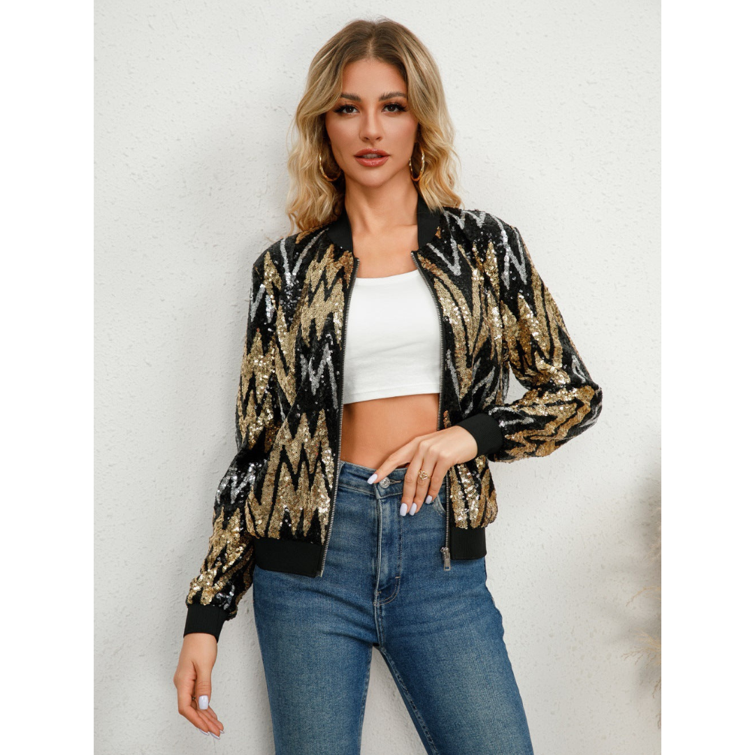 Damen Pailletten Reißverschluss Jacke | Langarm