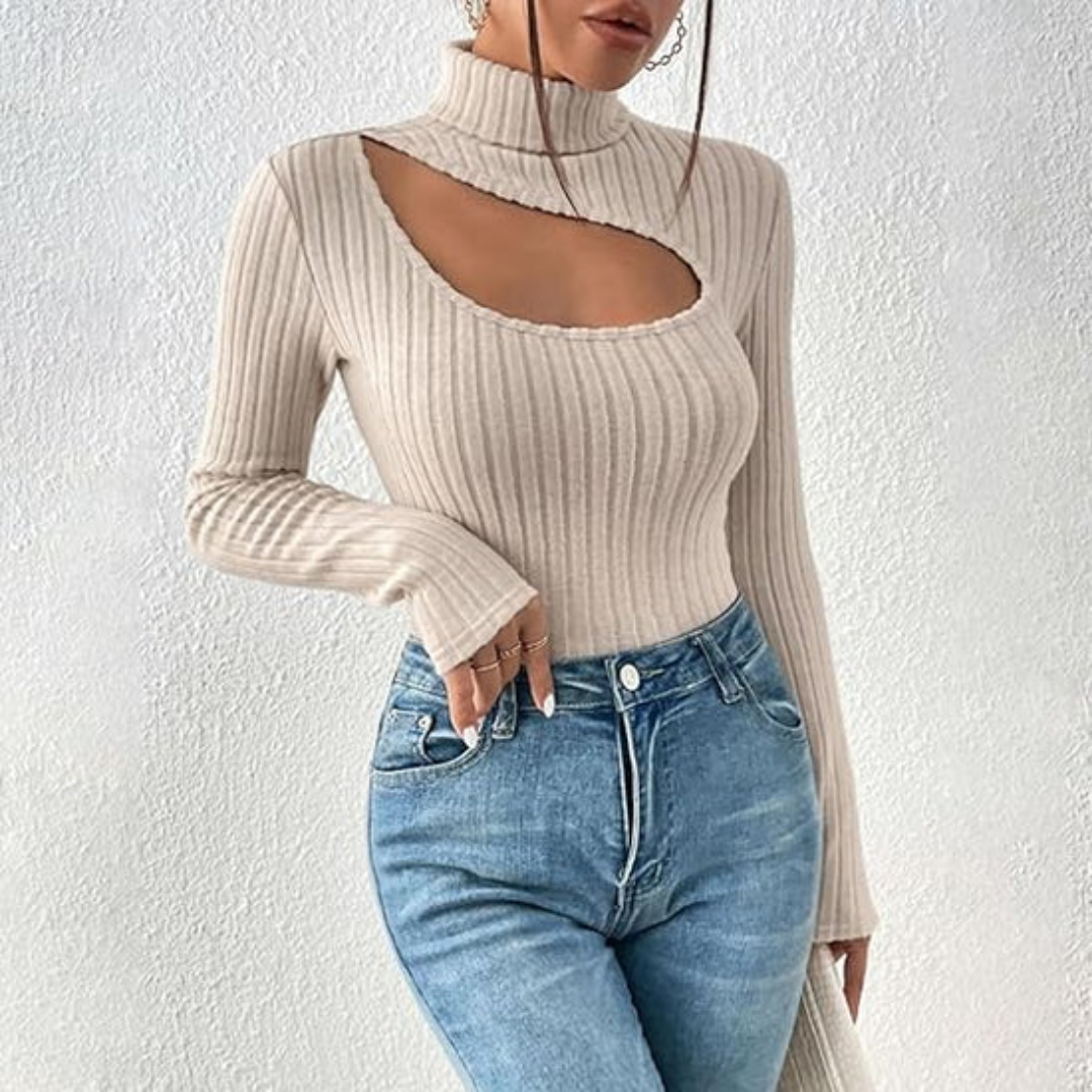 Women's Spring Turtle Neck Ribbed Top | Long Sleeve