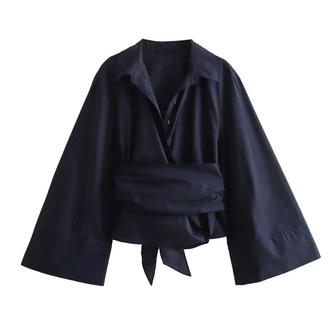 Women's Kimono Wrap Collar Bow Belt Blouse | Bell Sleeves