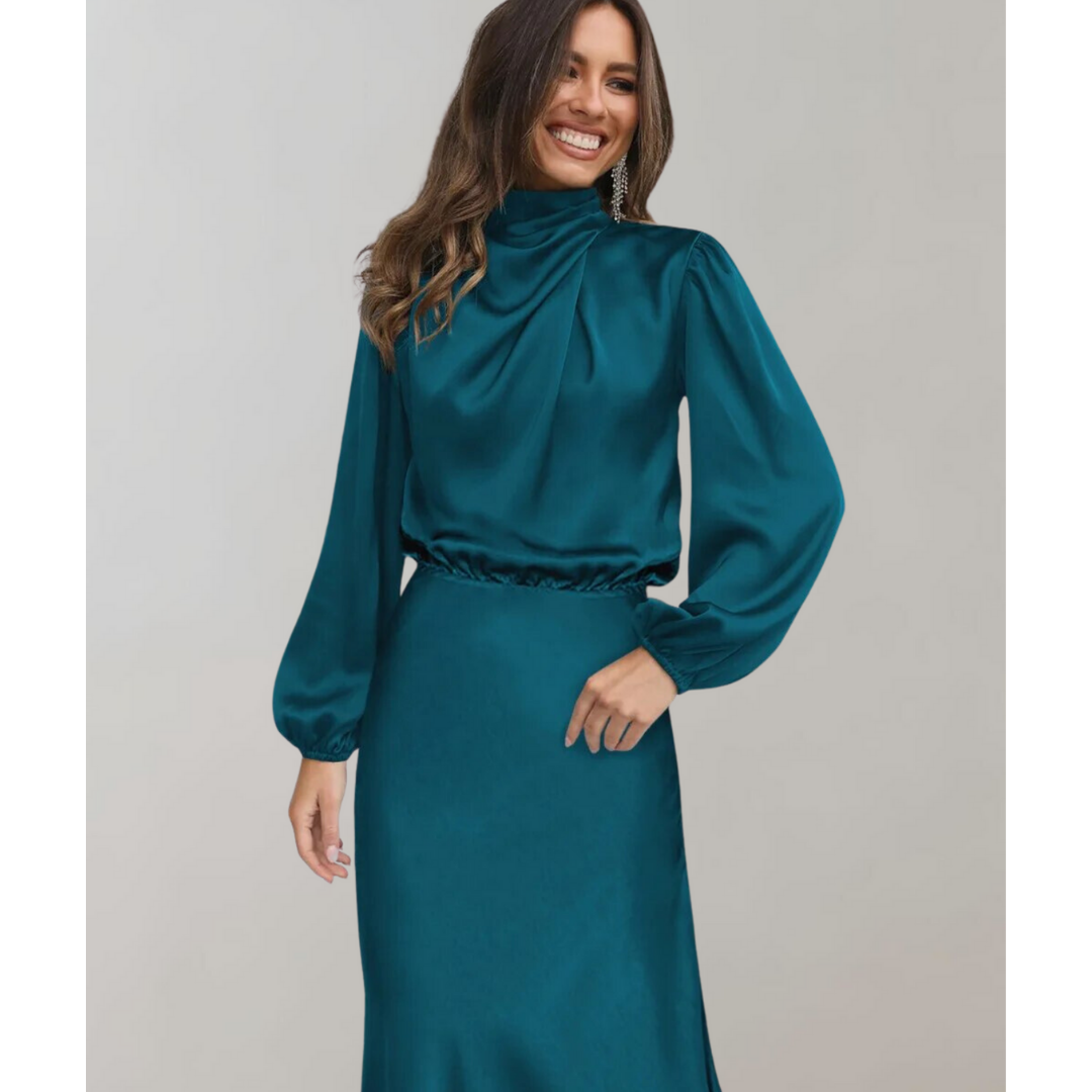 Damen Hohem Halsausschnitt Langärmeliges Kleid | Midi