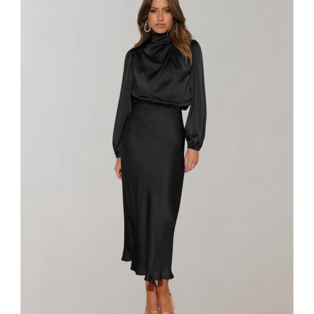 Damen Hohem Halsausschnitt Langärmeliges Kleid | Midi