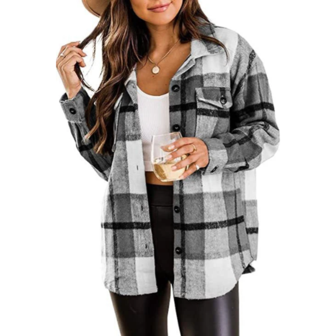 Women's Oversized Button Down Plaid Jacket | Long