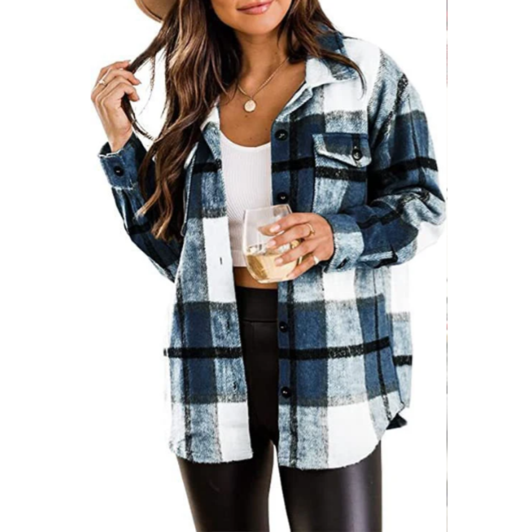 Women's Oversized Button Down Plaid Jacket | Long
