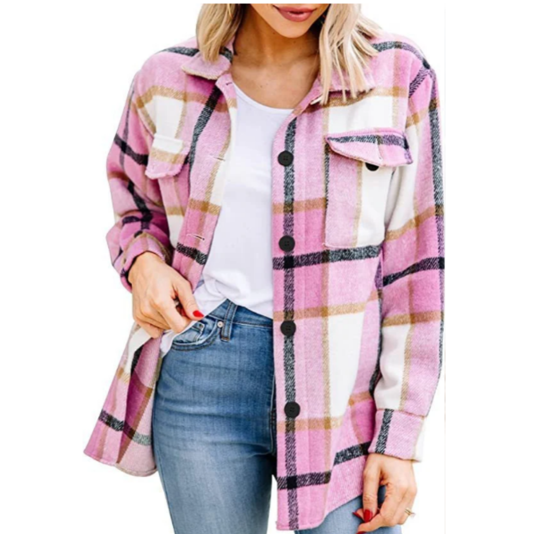 Women's Oversized Button Down Plaid Jacket | Long